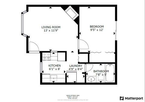 A floor plan of a small apartment with a living room, bedroom, kitchen, bathroom, and laundry room.